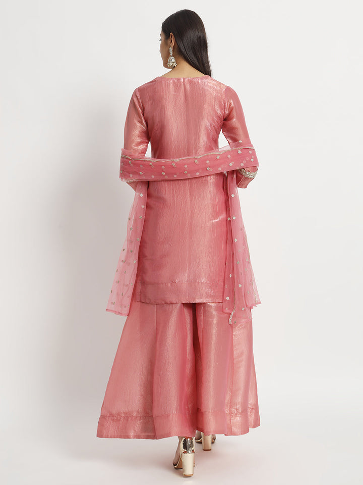 anokherang Combos Pink Petal Crushed Silk Kurti with Palazzo and Net Sequin Dupatta