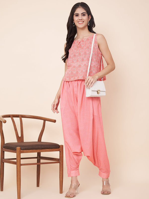 anokherang Combos Pink Printed Top with Harem Pants