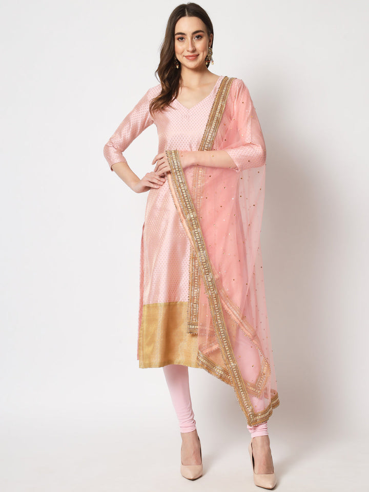 anokherang Combos Pink Royal Brocade Straight Kurti with Churidar and Net Stone Dupatta