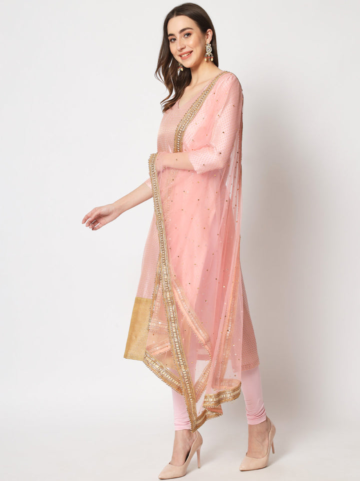 anokherang Combos Pink Royal Brocade Straight Kurti with Churidar and Net Stone Dupatta