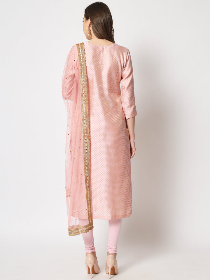 anokherang Combos Pink Royal Brocade Straight Kurti with Churidar and Net Stone Dupatta