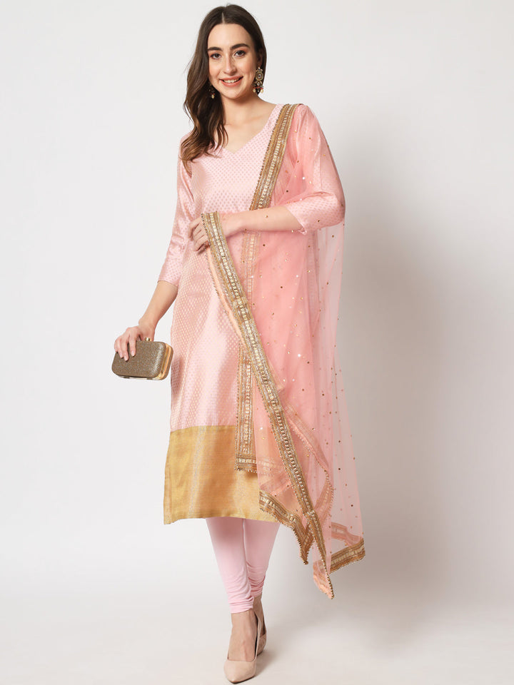 anokherang Combos Pink Royal Brocade Straight Kurti with Churidar and Net Stone Dupatta