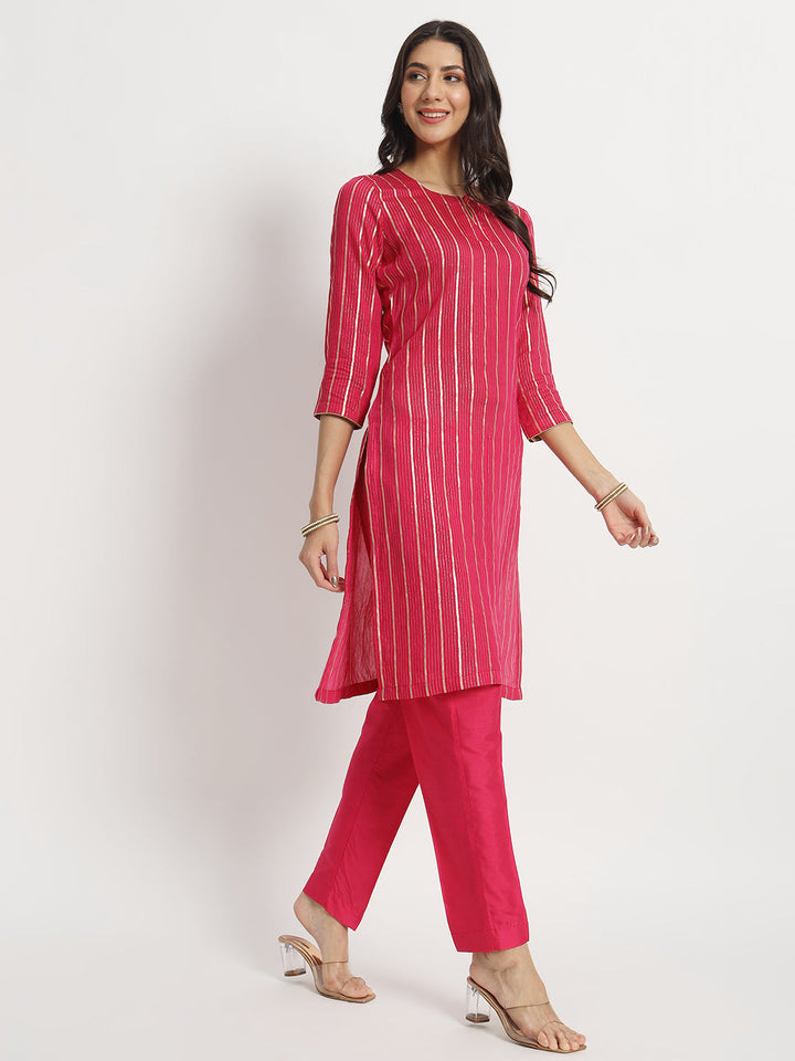 anokherang Combos Pink Streaks Silk Kurti with Pants and Chiffon Dupatta