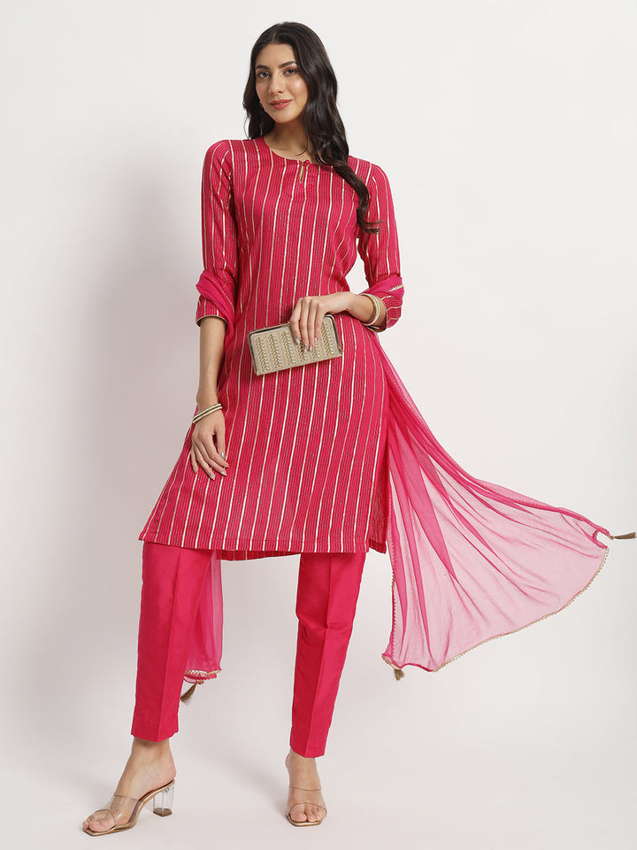 anokherang Combos Pink Streaks Silk Kurti with Pants and Chiffon Dupatta