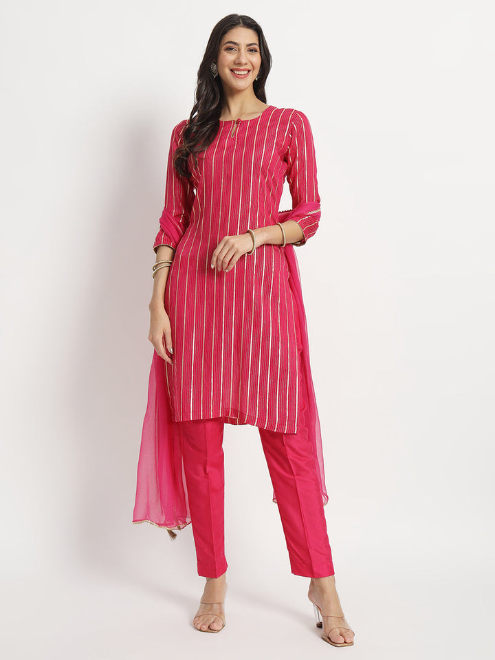 anokherang Combos Pink Streaks Silk Kurti with Pants and Chiffon Dupatta