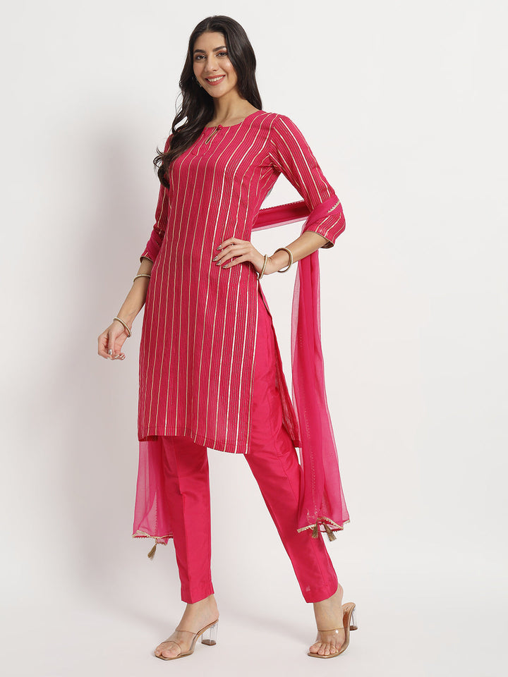 anokherang Combos Pink Streaks Silk Kurti with Pants and Chiffon Dupatta