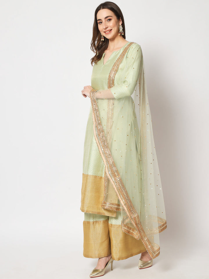 anokherang Combos Pista Royal Brocade Straight Kurti with Palazzo and Net Stone Dupatta