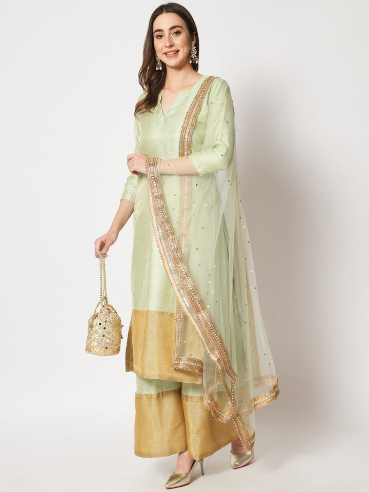 anokherang Combos Pista Royal Brocade Straight Kurti with Palazzo and Net Stone Dupatta