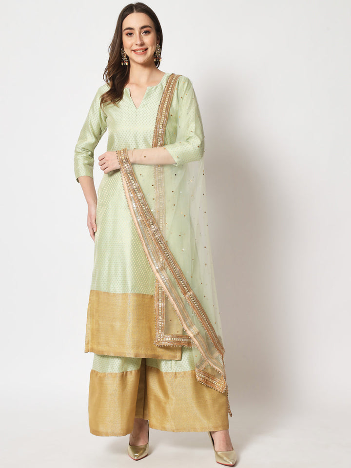 anokherang Combos Pista Royal Brocade Straight Kurti with Palazzo and Net Stone Dupatta