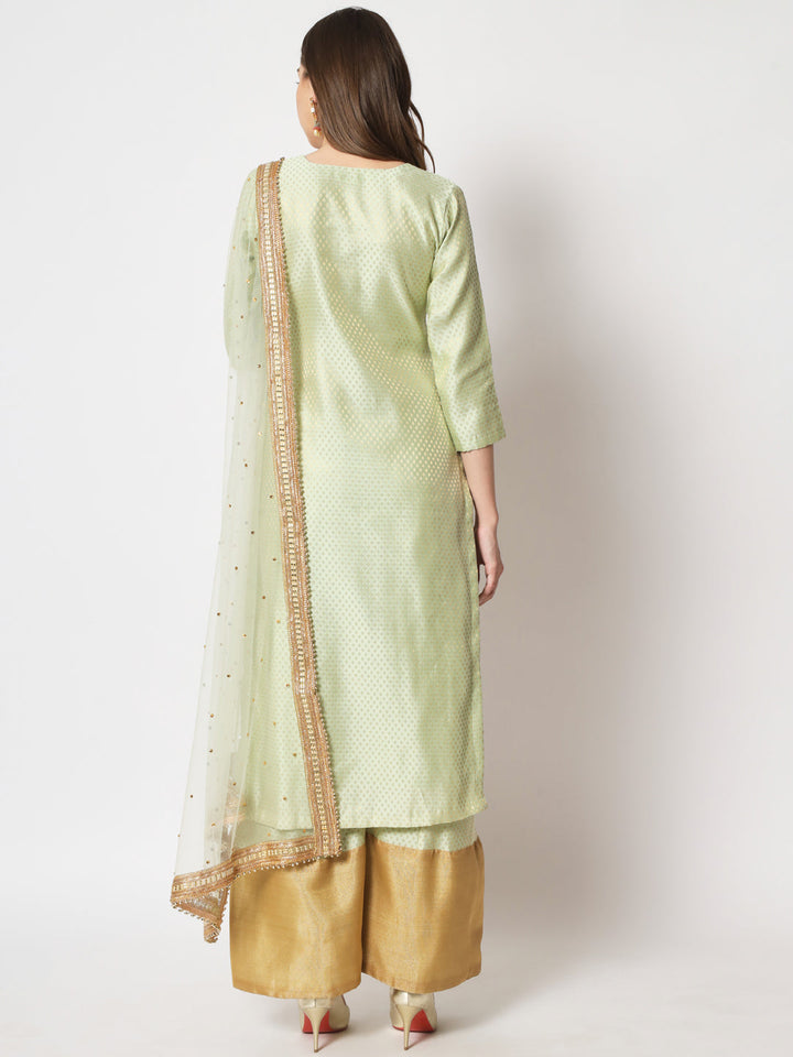 anokherang Combos Pista Royal Brocade Straight Kurti with Palazzo and Net Stone Dupatta