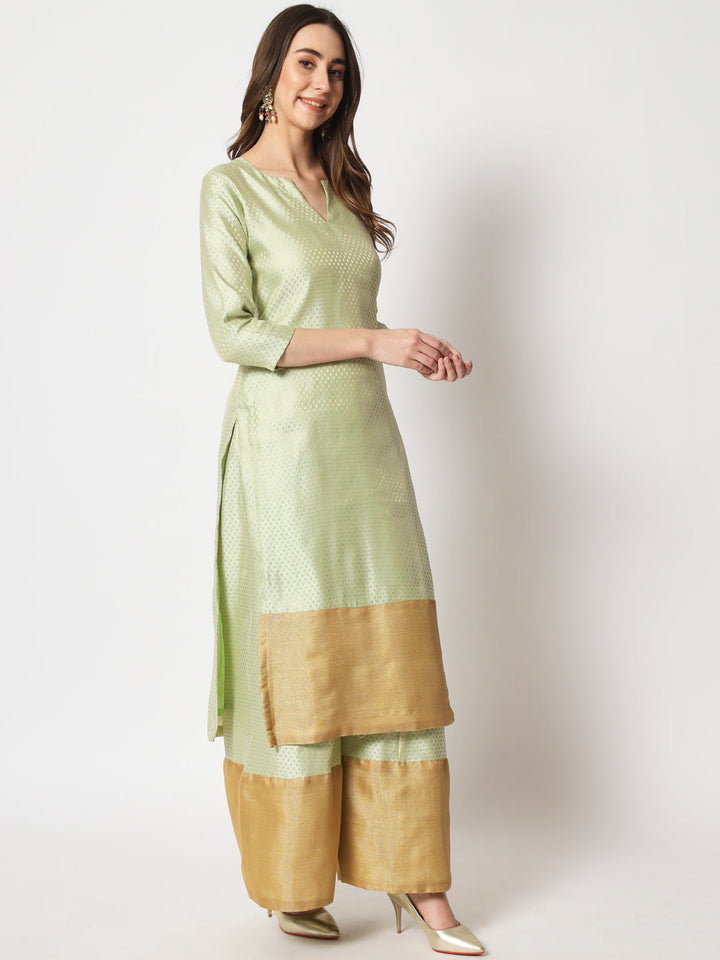 anokherang Combos Pista Royal Brocade Straight Kurti with Palazzo and Net Stone Dupatta