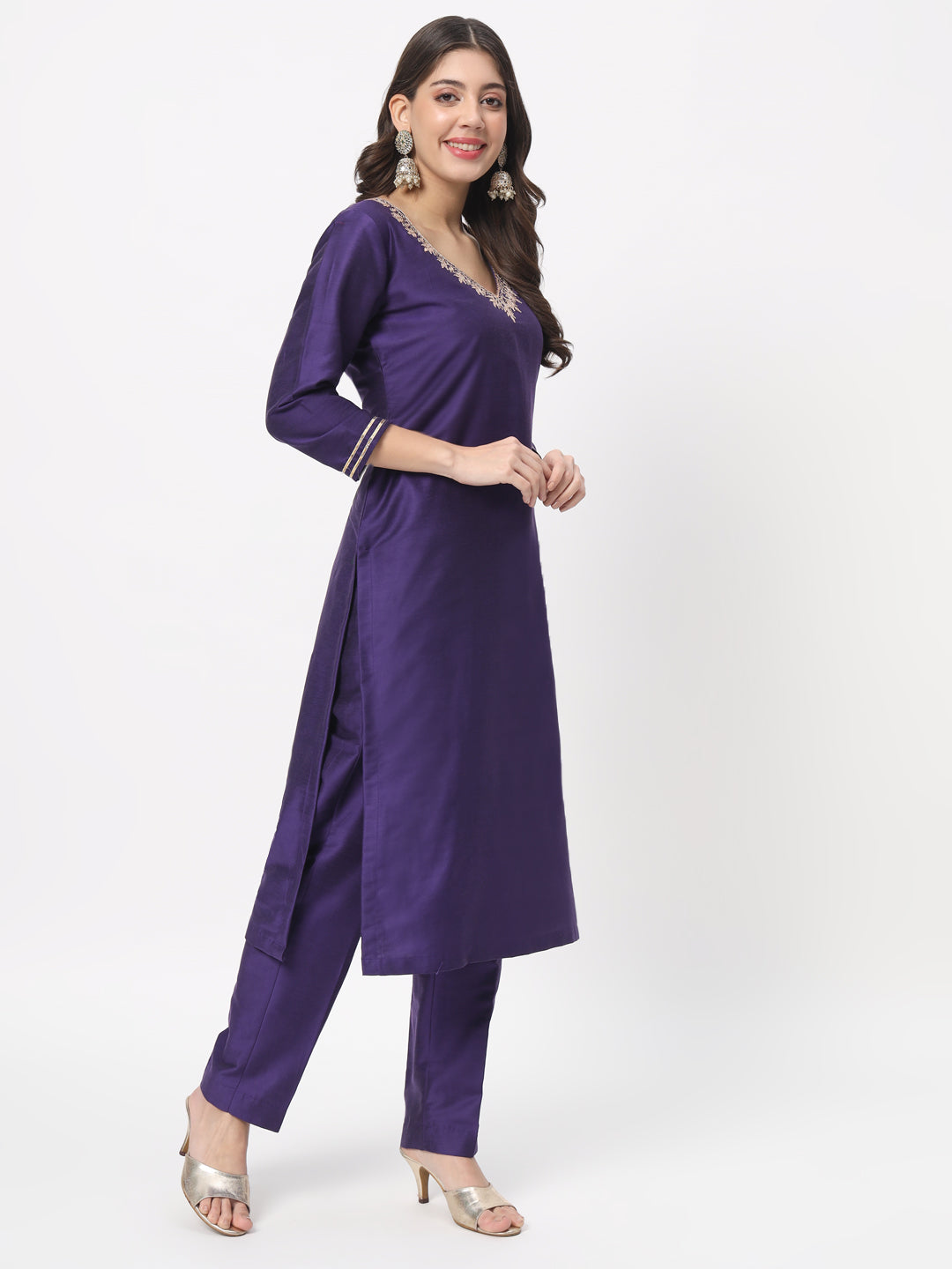 Purple Embroidered Straight Kurta Trousers With Dupatta