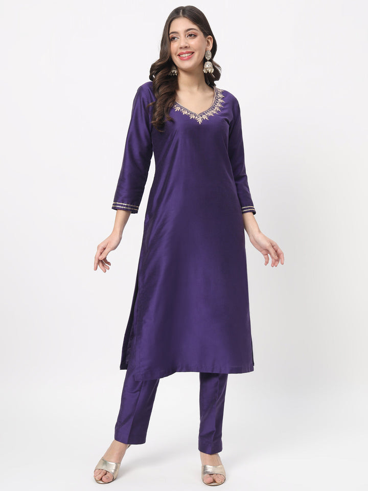 anokherang Combos Purple Embroidered Straight Kurta with Straight Pants