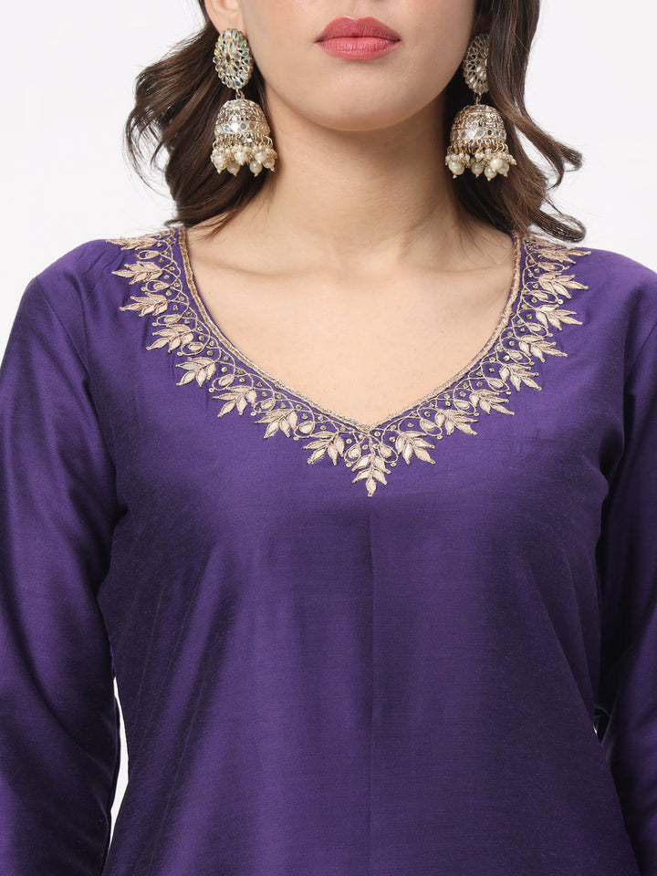 anokherang Combos Purple Embroidered Straight Kurta with Straight Pants