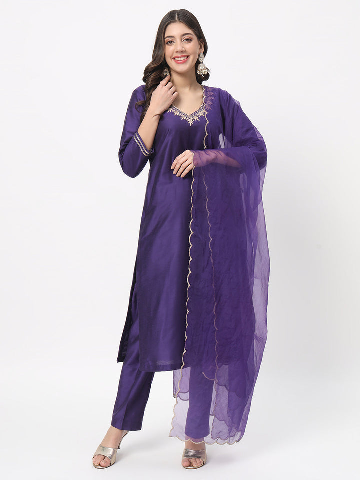 anokherang Combos Purple Embroidered Straight Kurta with Straight Pants and Dupatta