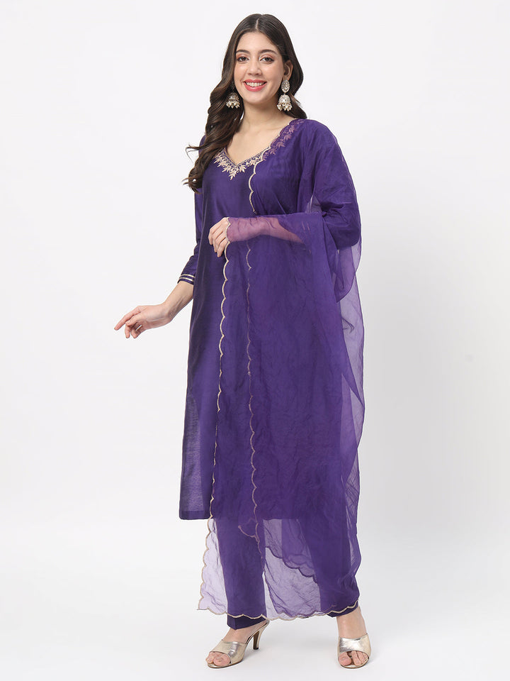 anokherang Combos Purple Embroidered Straight Kurta with Straight Pants and Dupatta