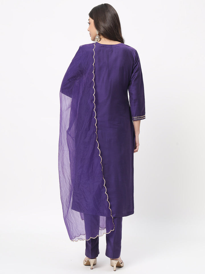 anokherang Combos Purple Embroidered Straight Kurta with Straight Pants and Dupatta