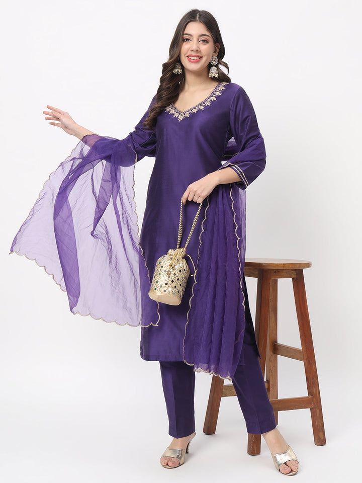 anokherang Combos Purple Embroidered Straight Kurta with Straight Pants and Dupatta