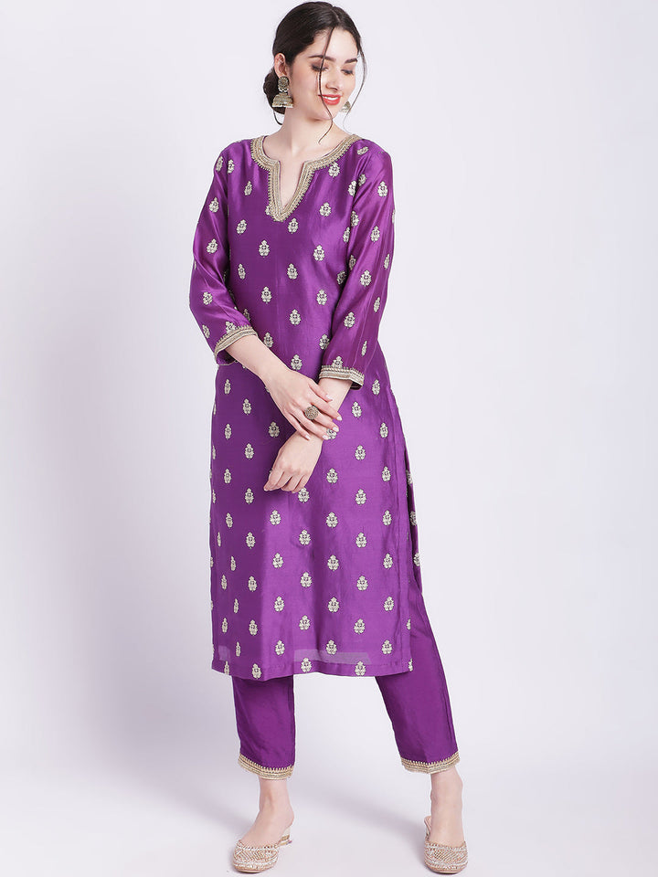 anokherang Combos Purple Jugni Straight Silk Kurti with Straight Pants