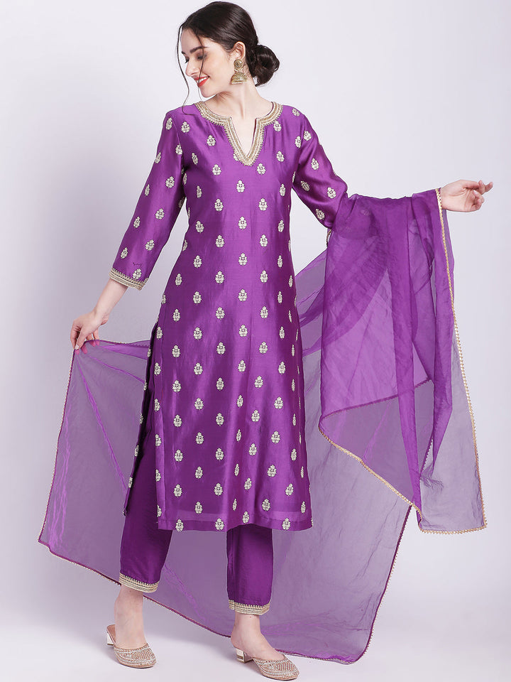 anokherang Combos Purple Jugni Straight Silk Kurti with Straight Pants and Dupatta