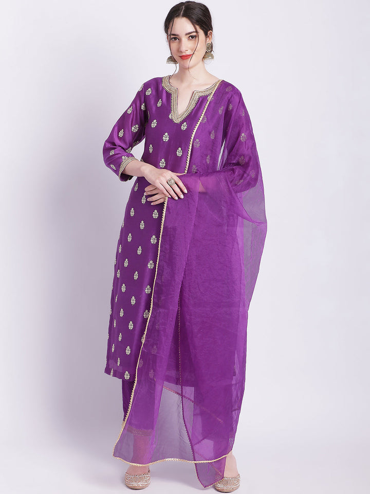 anokherang Combos Purple Jugni Straight Silk Kurti with Straight Pants and Dupatta
