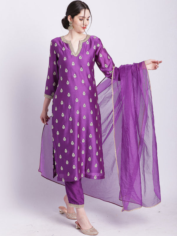 anokherang Combos Purple Jugni Straight Silk Kurti with Straight Pants and Dupatta