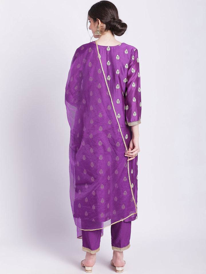 anokherang Combos Purple Jugni Straight Silk Kurti with Straight Pants and Dupatta