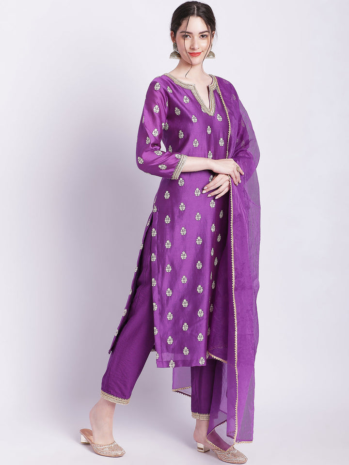 anokherang Combos Purple Jugni Straight Silk Kurti with Straight Pants and Dupatta