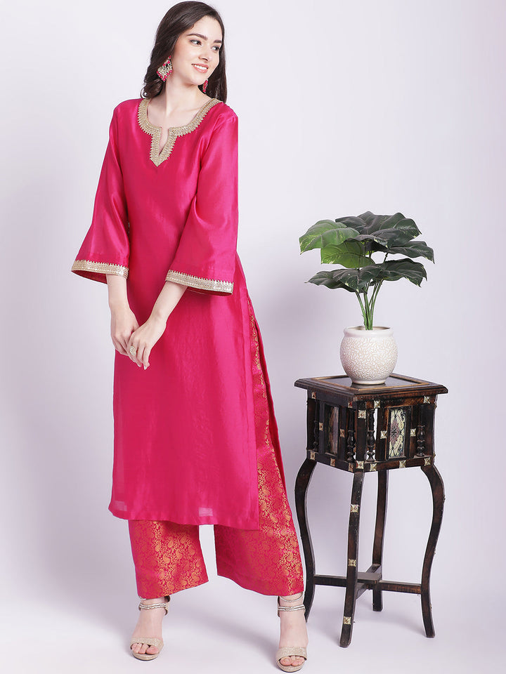 anokherang Combos Raani Pink Chanderi Kurti with Banarsi Palazzo