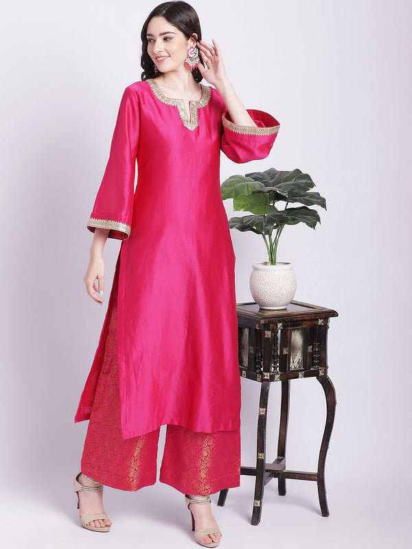 anokherang Combos Raani Pink Chanderi Kurti with Banarsi Palazzo