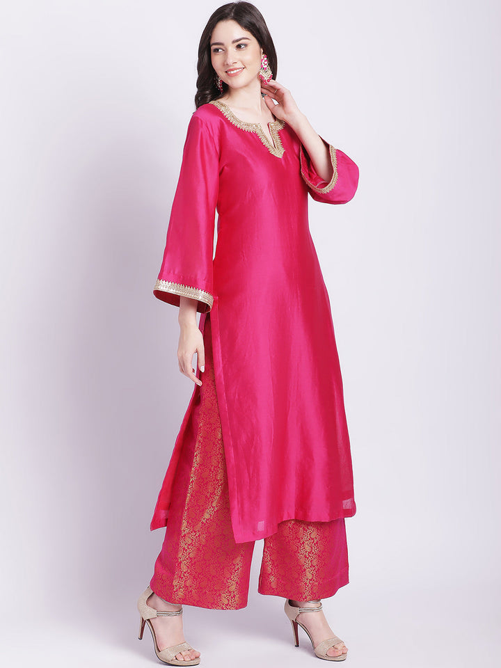 anokherang Combos Raani Pink Chanderi Kurti with Banarsi Palazzo