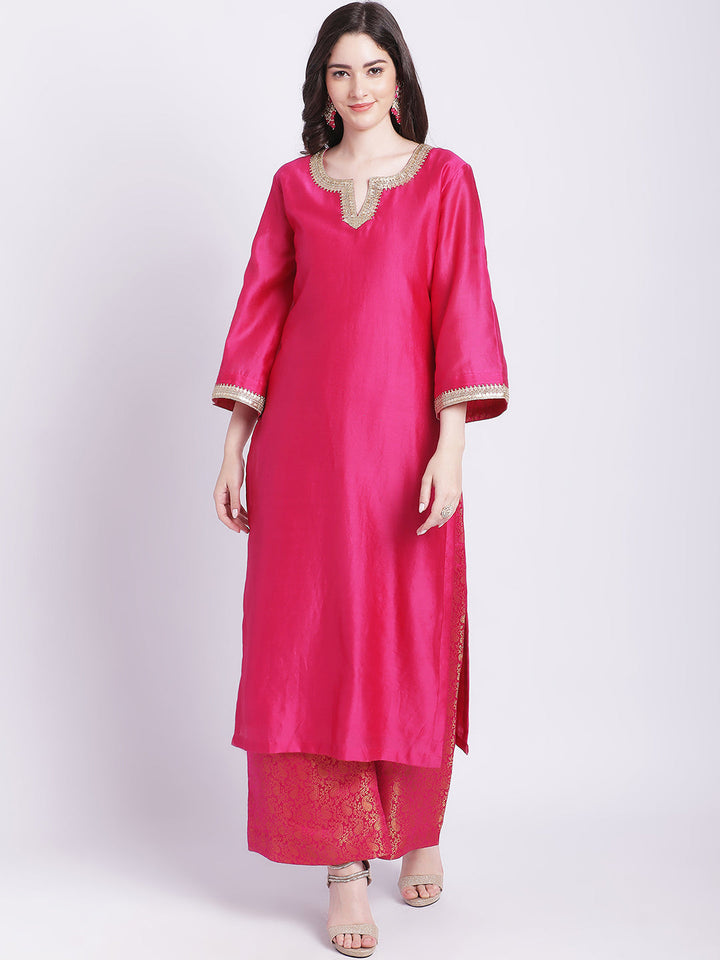 anokherang Combos Raani Pink Chanderi Kurti with Banarsi Palazzo