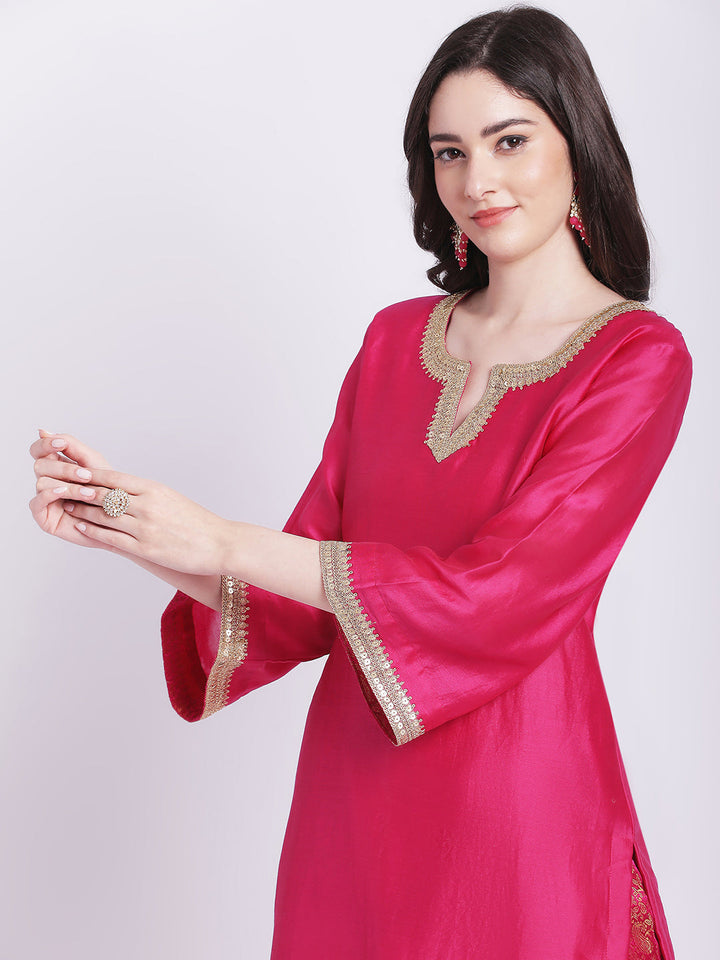 anokherang Combos Raani Pink Chanderi Kurti with Banarsi Palazzo