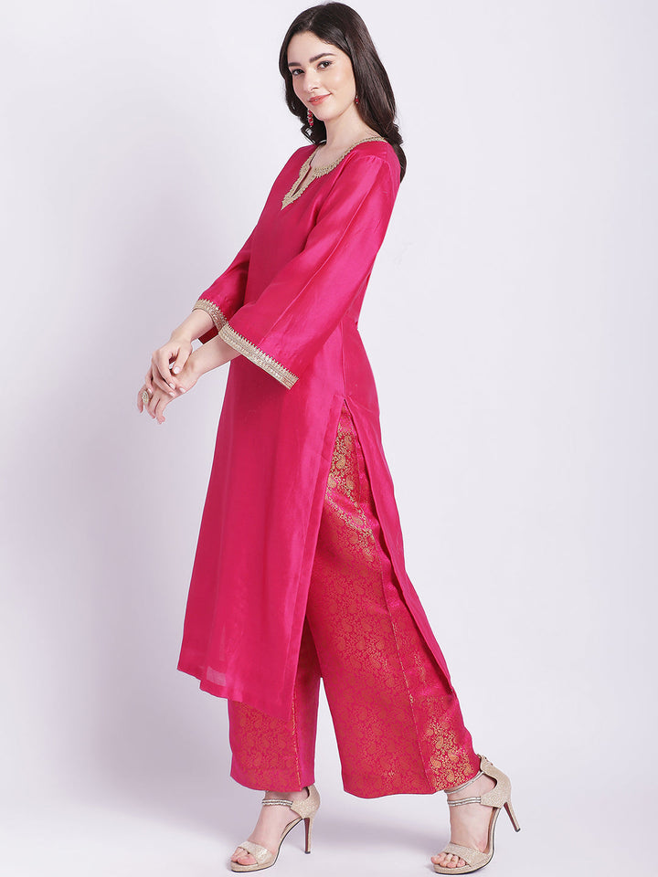 anokherang Combos Raani Pink Chanderi Kurti with Banarsi Palazzo