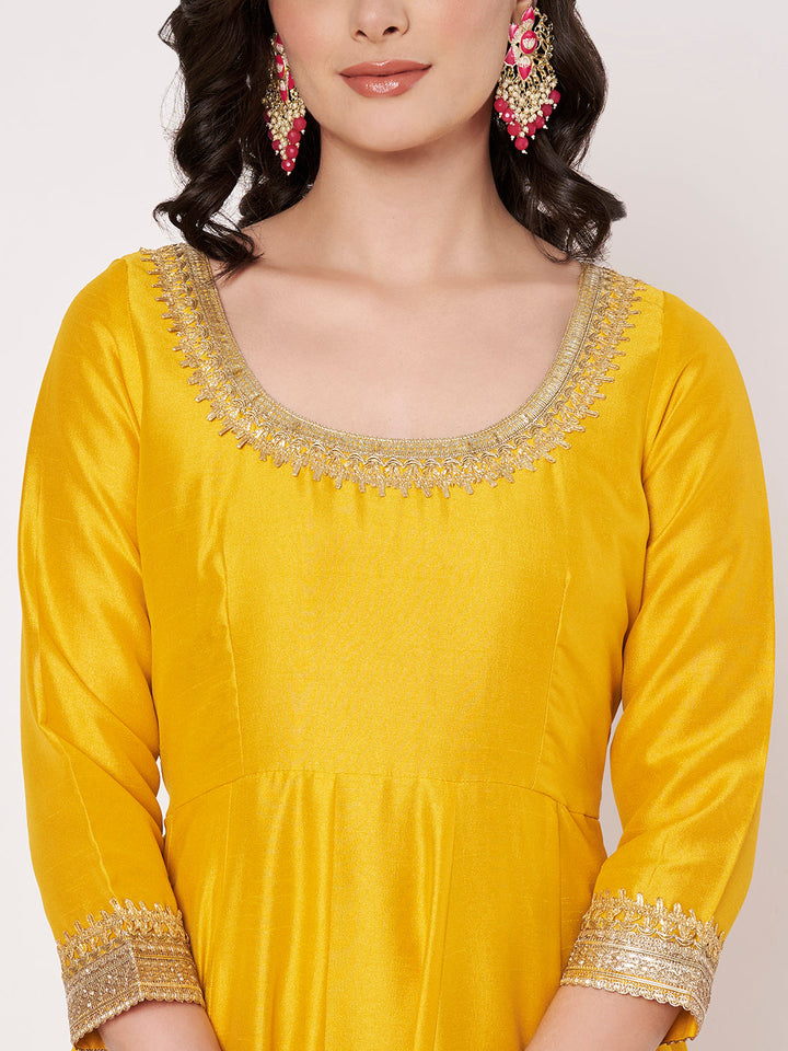 anokherang Combos Radiant Mustard Silk Anarkali with Pants and Bridal Net Embellished Dupatta