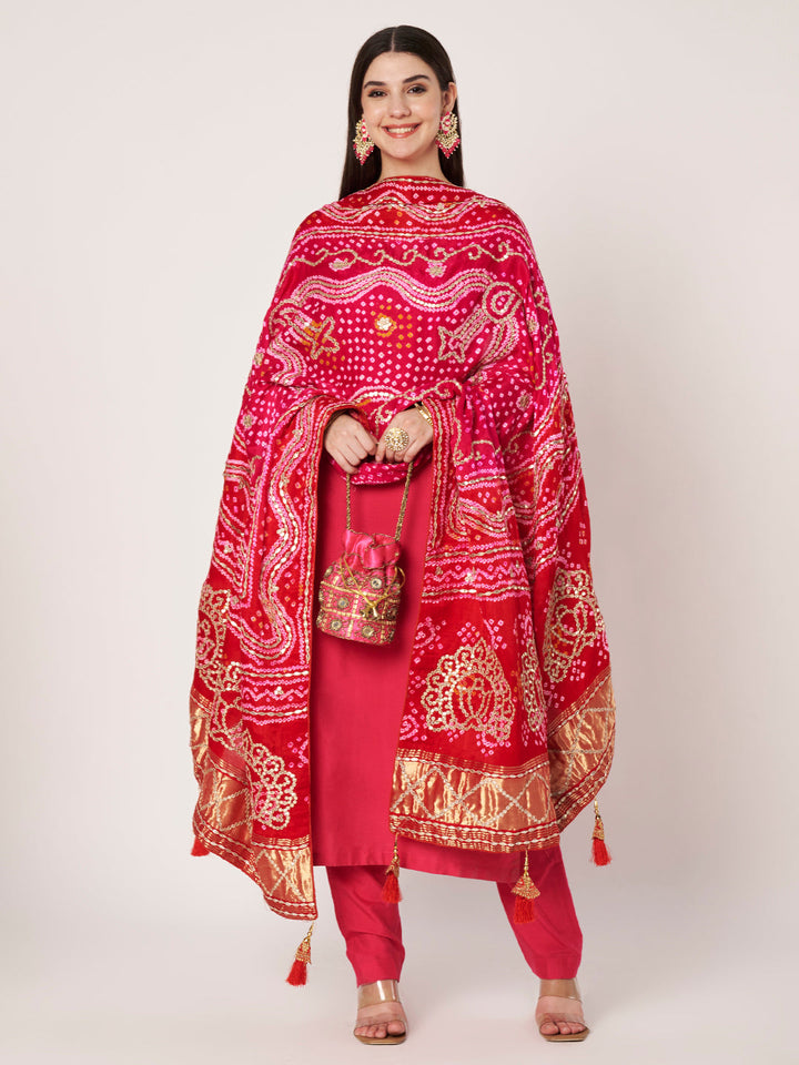 anokherang Combos Rangrez Pink Silk Kurti with Pants with Gota Patti Bandhej Dupatta