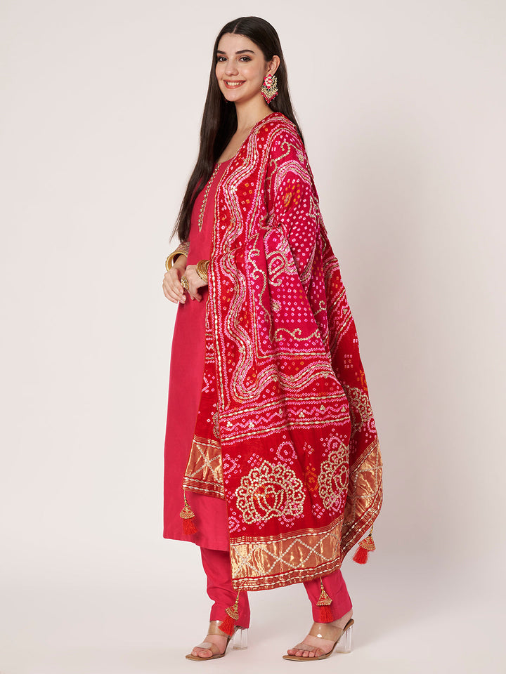 anokherang Combos Rangrez Pink Silk Kurti with Pants with Gota Patti Bandhej Dupatta