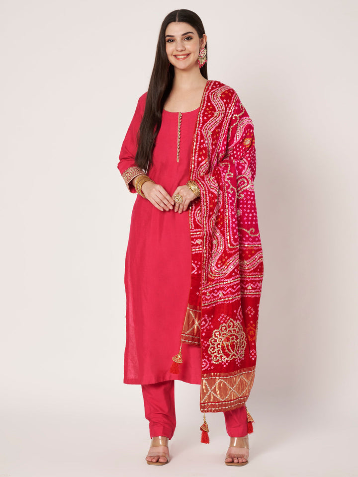 anokherang Combos Rangrez Pink Silk Kurti with Pants with Gota Patti Bandhej Dupatta