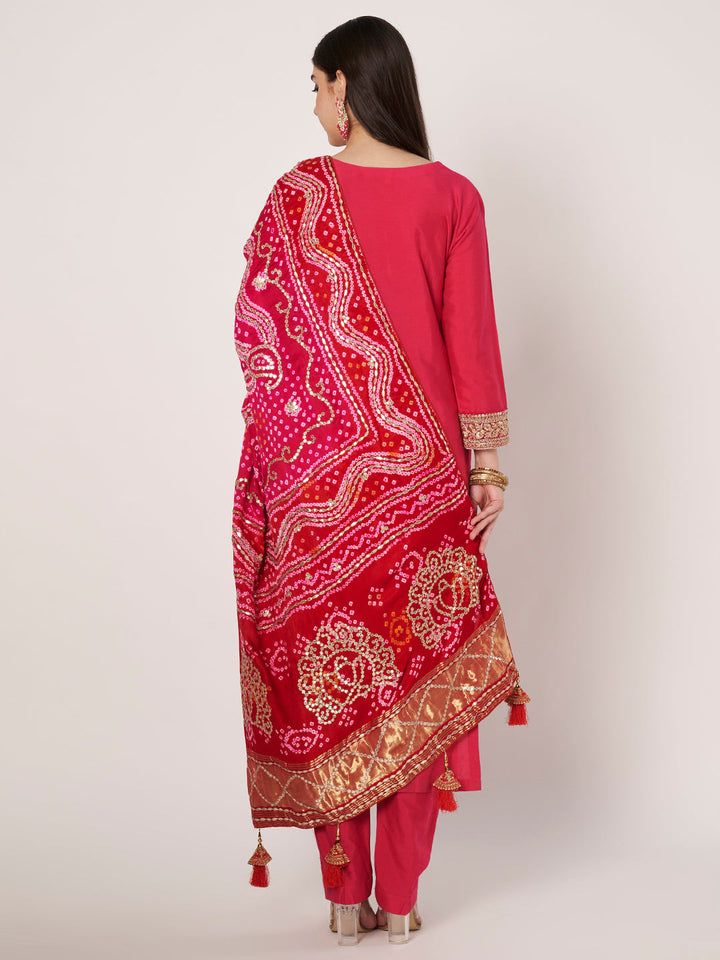 anokherang Combos Rangrez Pink Silk Kurti with Pants with Gota Patti Bandhej Dupatta