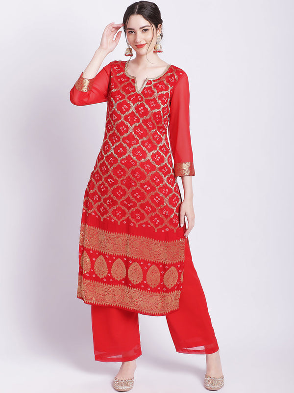 anokherang Combos Red Bandhej Bridal Kurti with Straight Palazzo