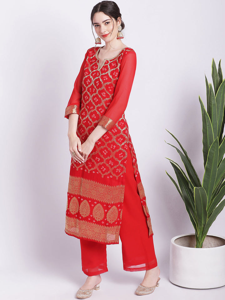 anokherang Combos Red Bandhej Bridal Kurti with Straight Palazzo