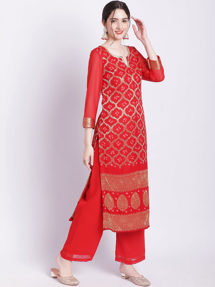 anokherang Combos Red Bandhej Bridal Kurti with Straight Palazzo
