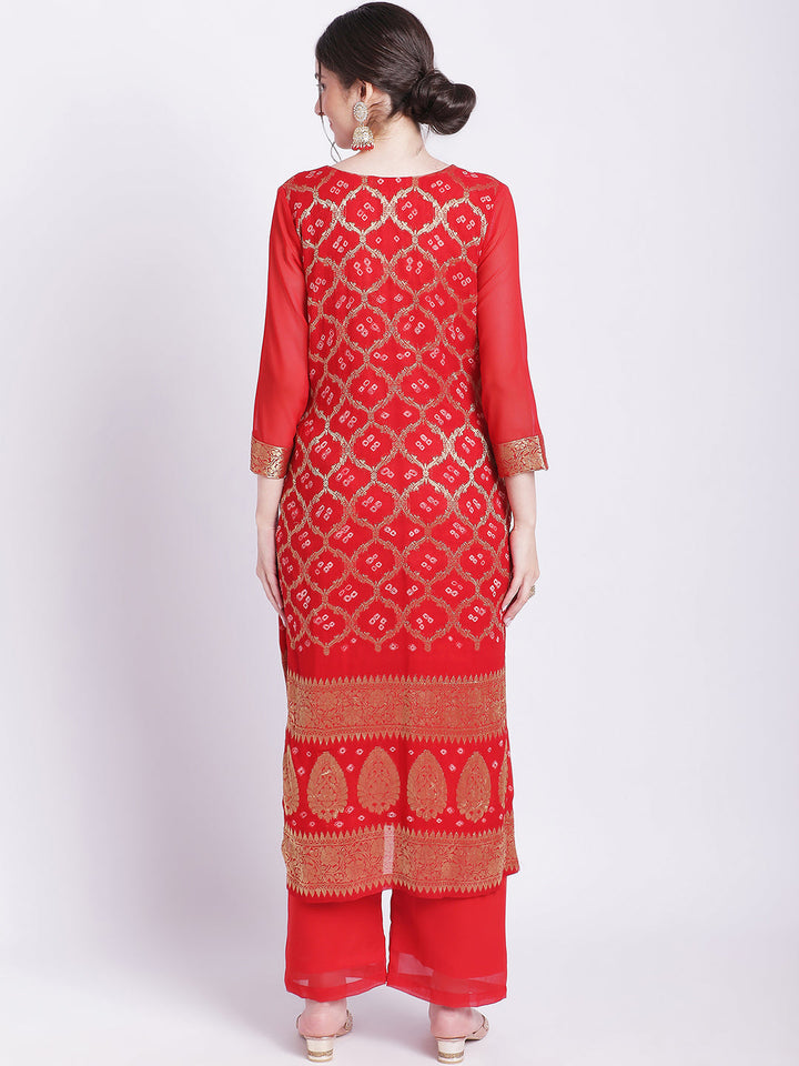 anokherang Combos Red Bandhej Bridal Kurti with Straight Palazzo