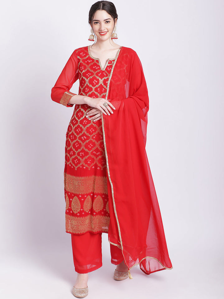 anokherang Combos Red Bandhej Bridal Kurti with Straight Palazzo