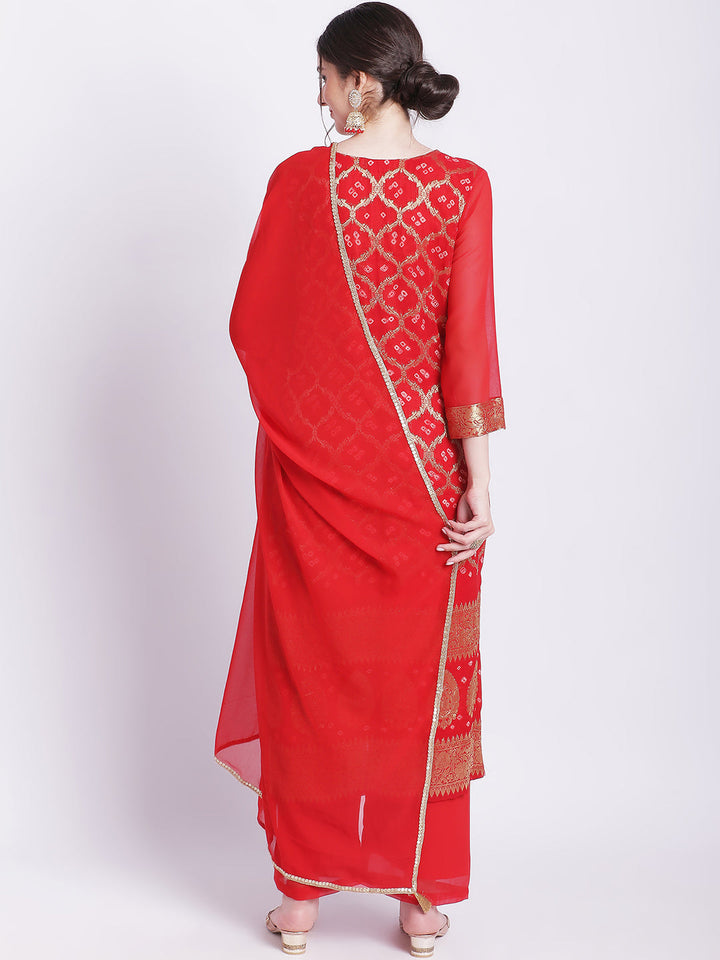 anokherang Combos Red Bandhej Bridal Kurti with Straight Palazzo