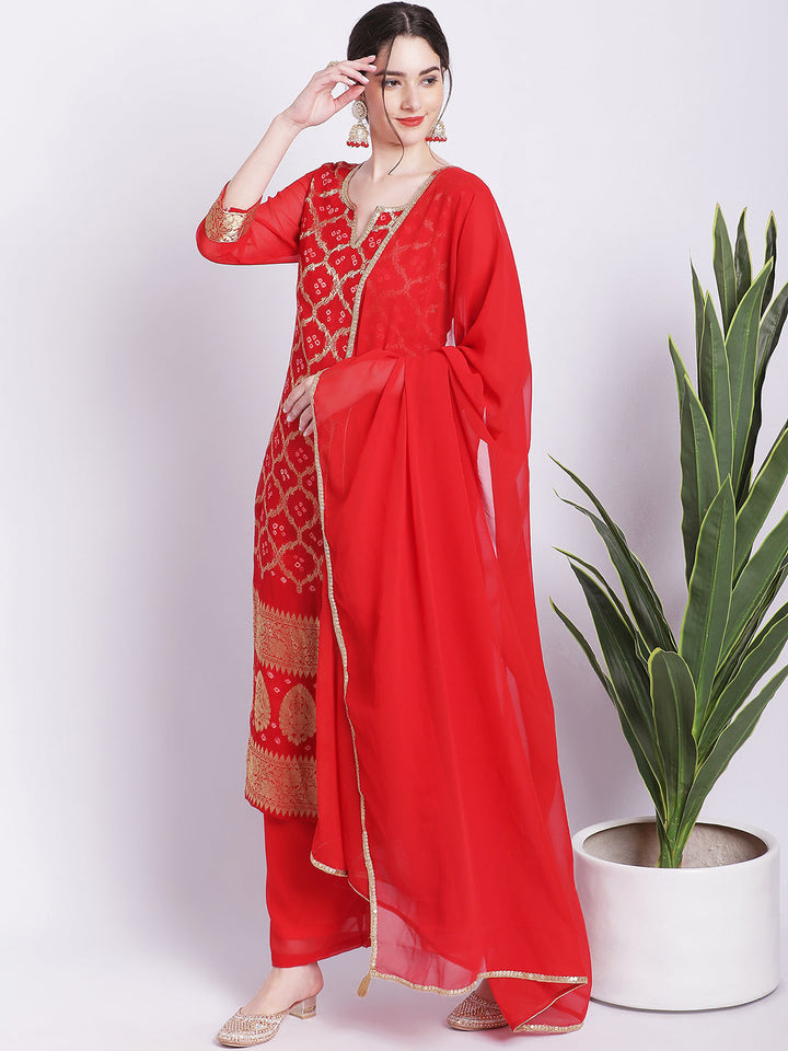 anokherang Combos Red Bandhej Bridal Kurti with Straight Palazzo