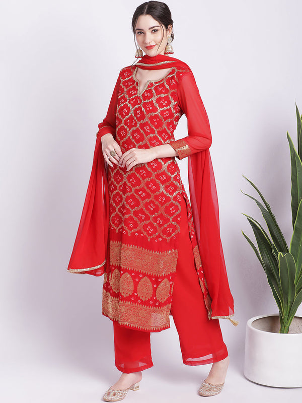 anokherang Combos Red Bandhej Bridal Kurti with Straight Palazzo