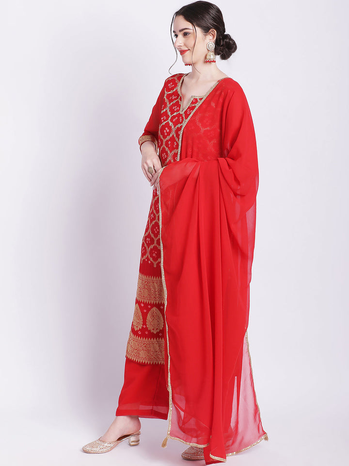 anokherang Combos Red Bandhej Bridal Kurti with Straight Palazzo
