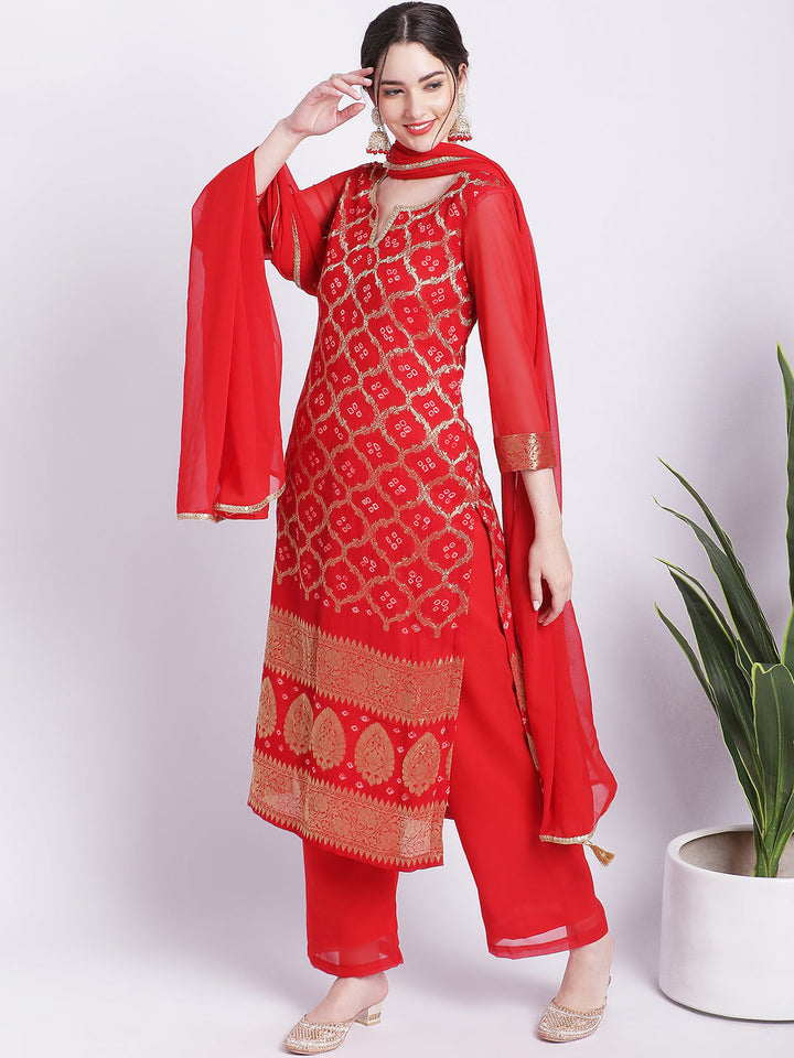 anokherang Combos Red Bandhej Bridal Kurti with Straight Palazzo