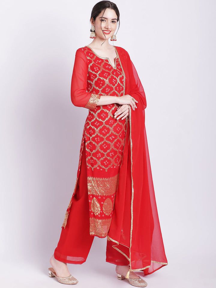 anokherang Combos Red Bandhej Bridal Kurti with Straight Palazzo